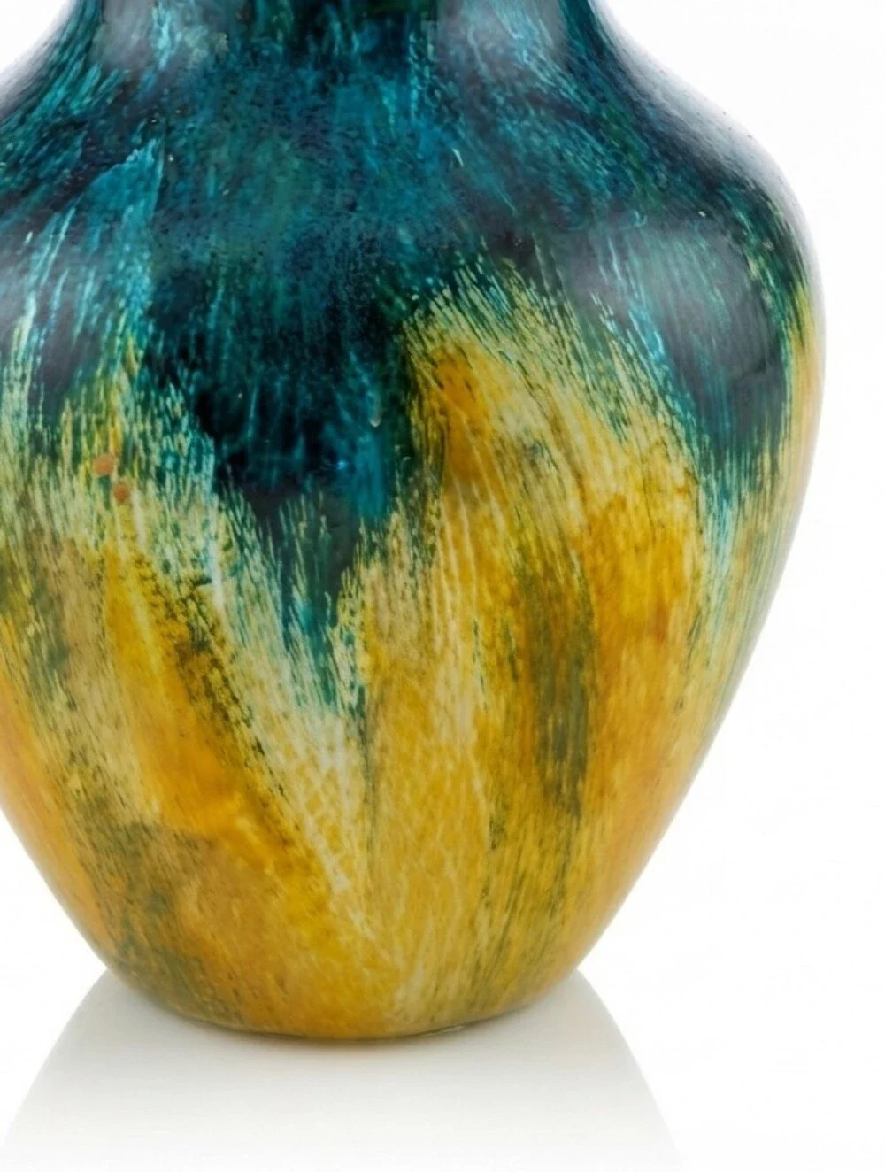 Boho Chic Art Glass Vases Teal & Gold Brushstroke, Amber Cabochon Trim, Set Of2